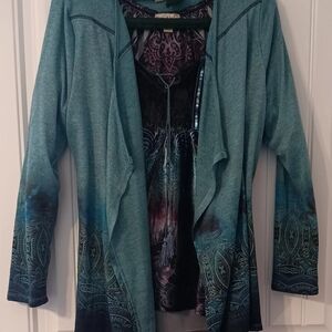 Women's Teal and Purple Waterfall Sweater Set With Velveteen Top, Petite XL